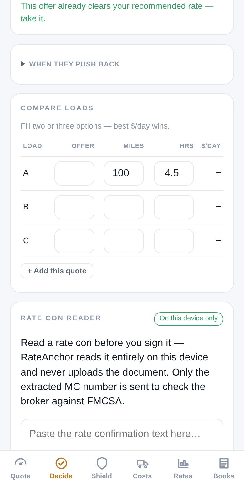 RateAnchor negotiation coach showing a lowball verdict, scripts, trade menu, and the private math divider