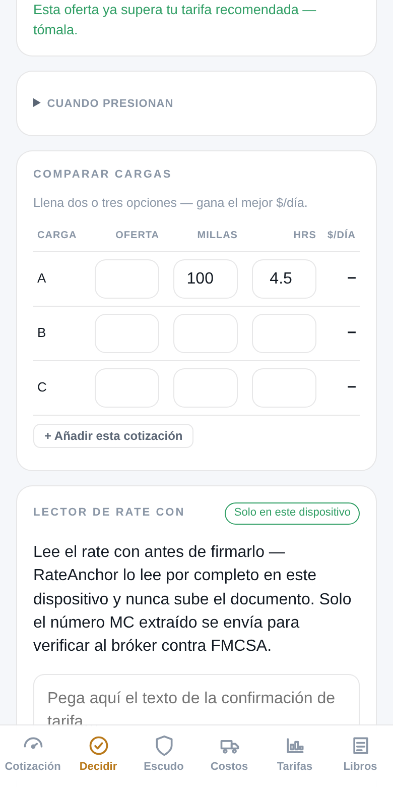 Coach de negociación de RateAnchor con veredicto de oferta baja, guiones y menú de intercambios