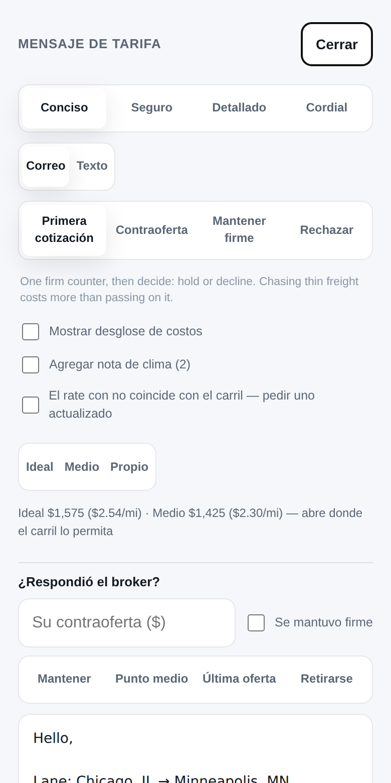 Mensaje de justificación de tarifa de RateAnchor con tonos, formato y cláusula de clima de un toque