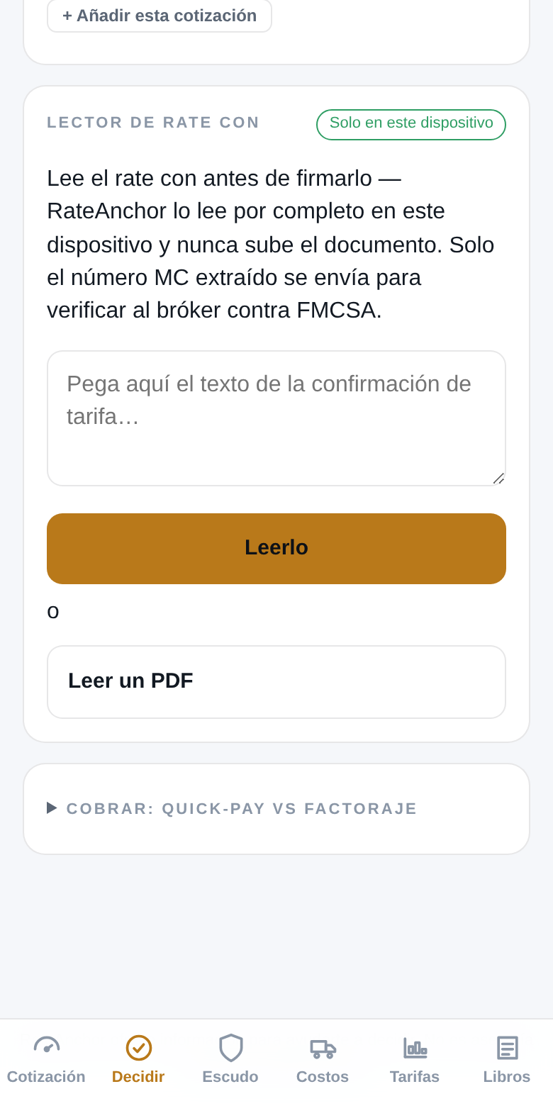 Calculadora quick-pay vs factoring usando la velocidad real de pago de 41 días del bróker