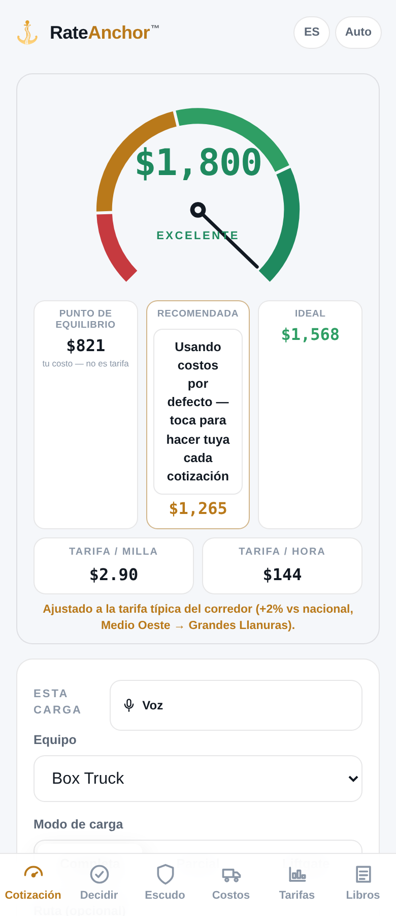 Matriz de clima del corredor: 7 días fechados en origen, en ruta y destino con colores de severidad y ventana de llegada proyectada