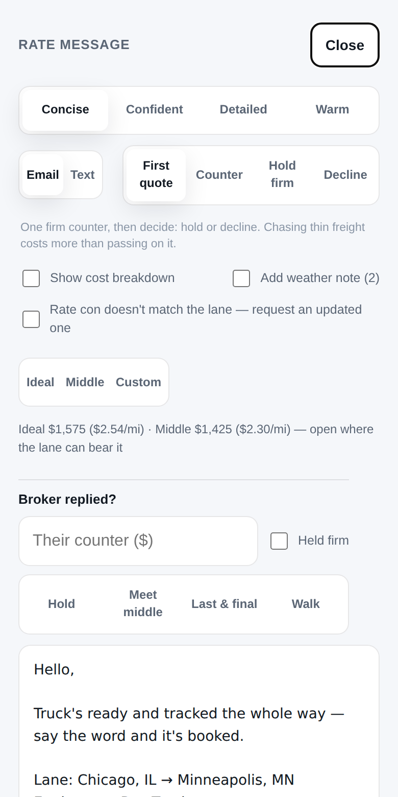 RateAnchor rate justification message with tones, format, and one-tap weather clause
