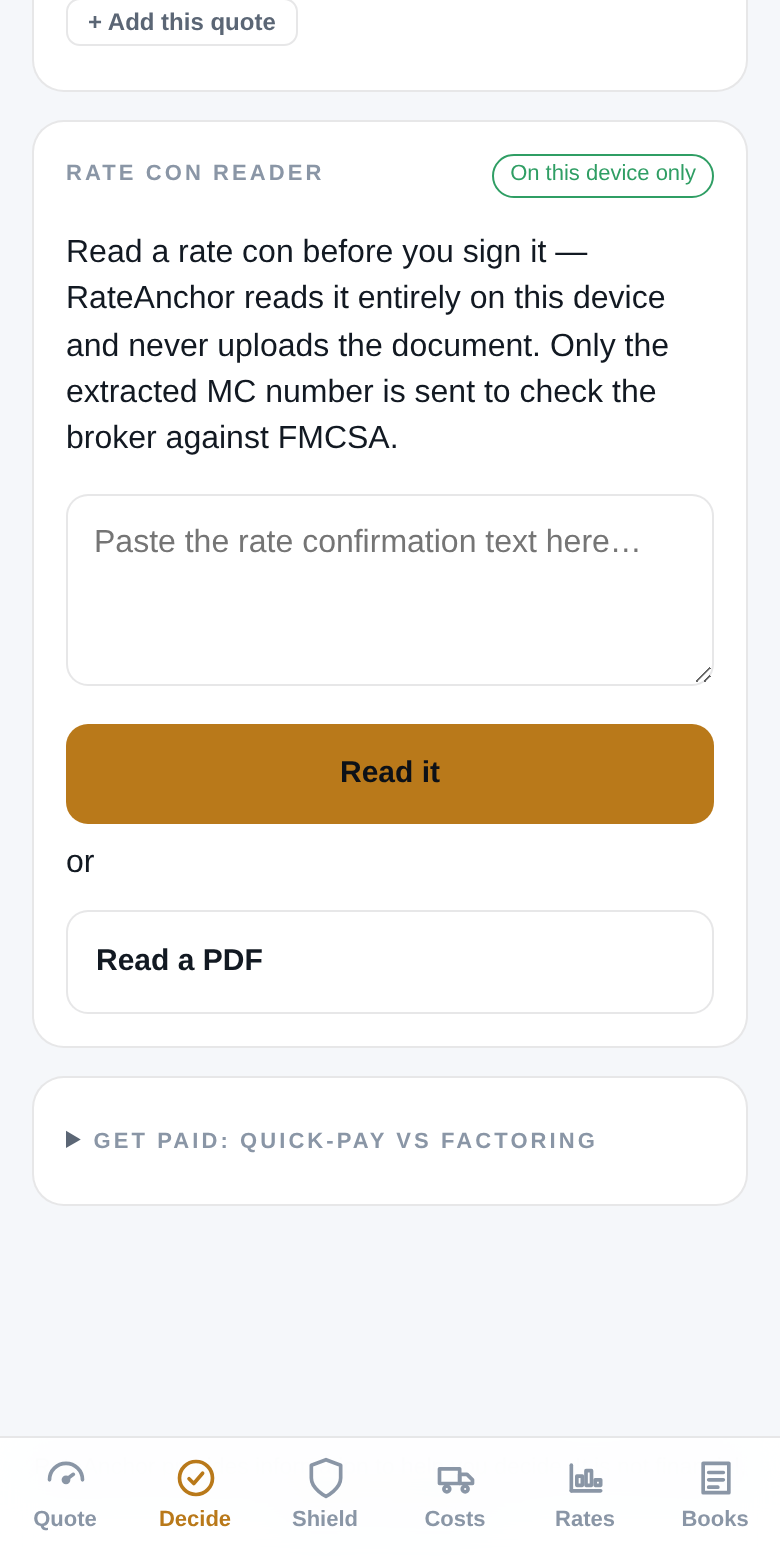Quick-pay versus factoring calculator using the broker's real 41-day average pay speed