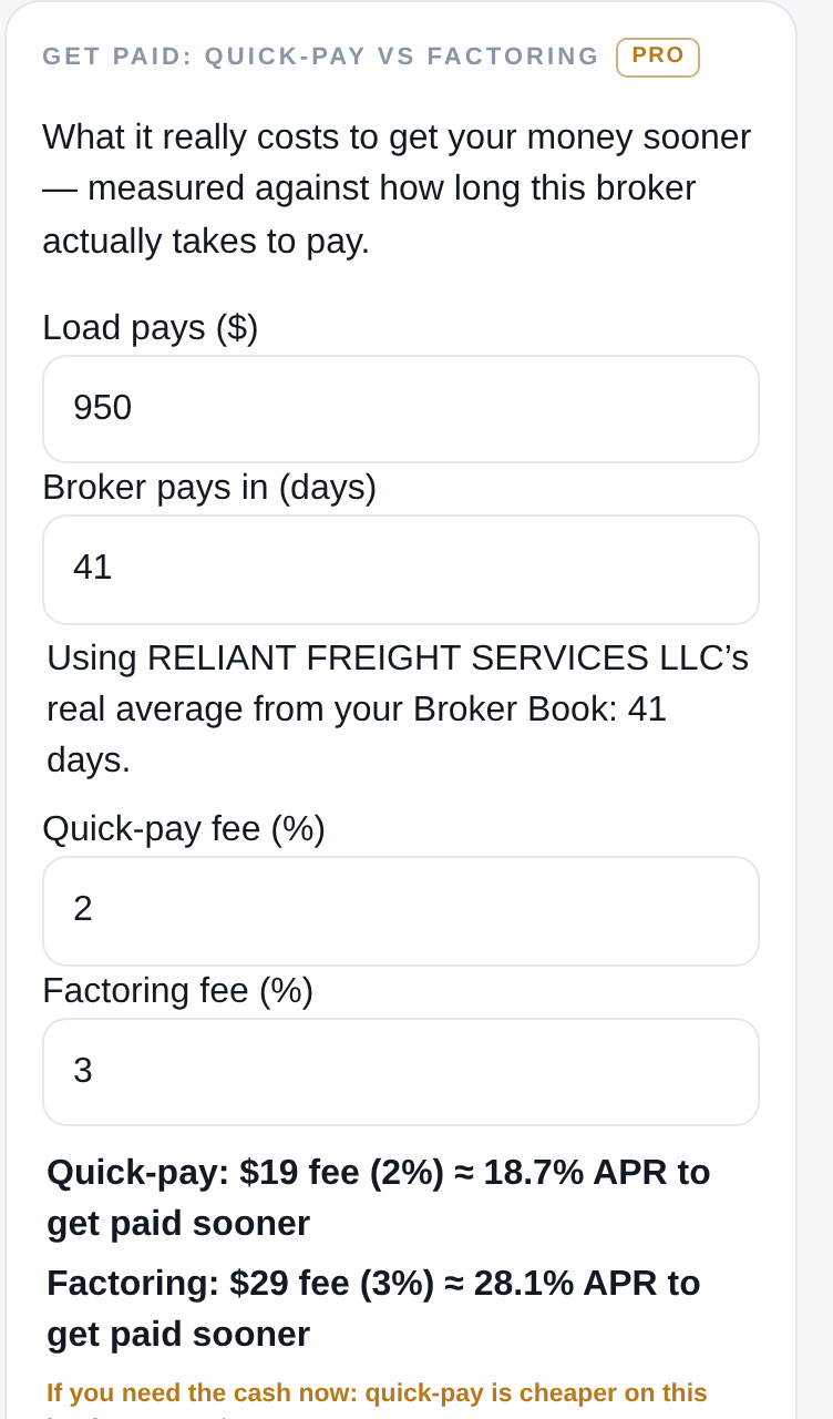 Calculadora quick-pay vs factoring usando la velocidad real de pago de 41 días del bróker