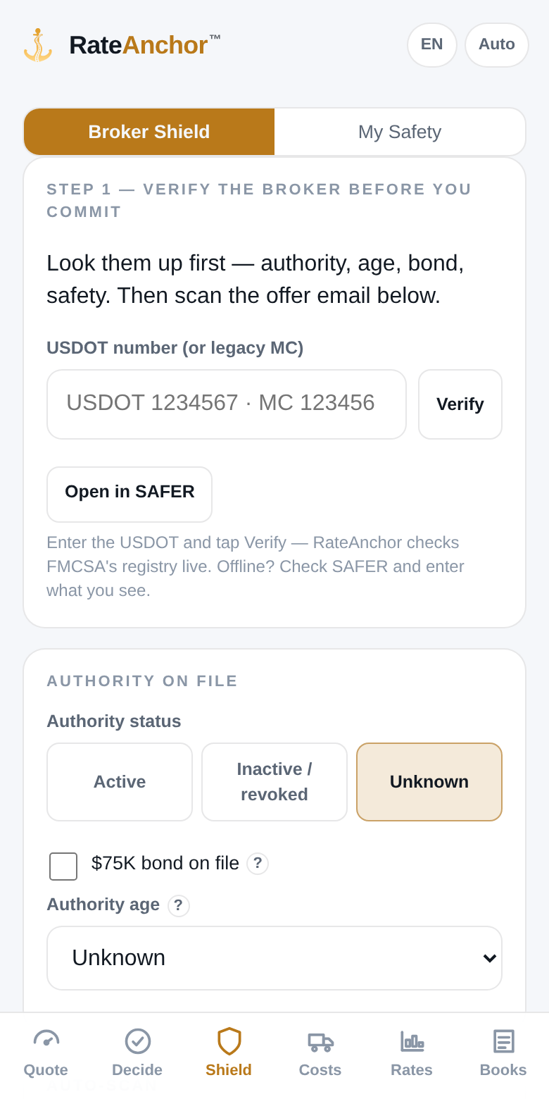 RateAnchor Rate Con Checker confirm screen with extracted lane, rate, and automatic broker check